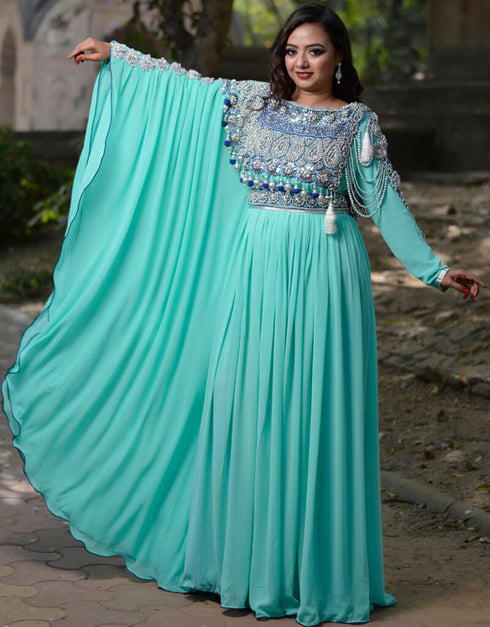 Dubai Green Georgette Hand Silver Stones Embroidery Moroccan Kaftan