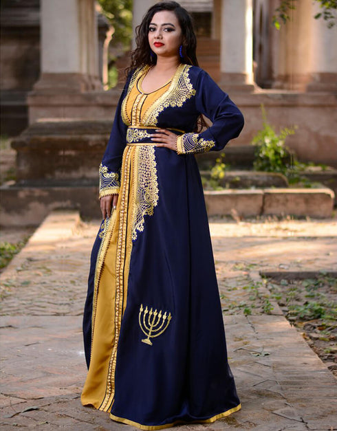 Muslim Dark Blue Crepe Georgette Hand Golden Embroidery Front Open Style Kaftan