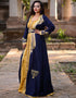 Muslim Dark Blue Crepe Georgette Hand Golden Embroidery Front Open Style Kaftan