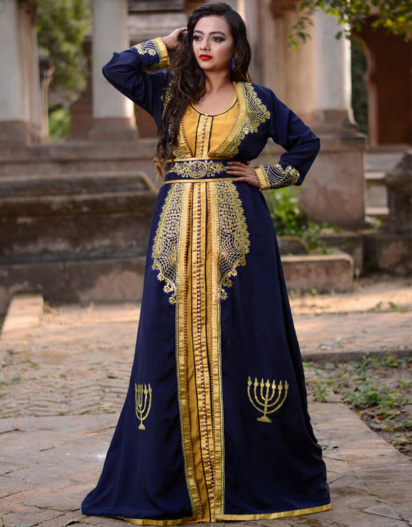 Muslim Dark Blue Crepe Georgette Hand Golden Embroidery Front Open Style Kaftan