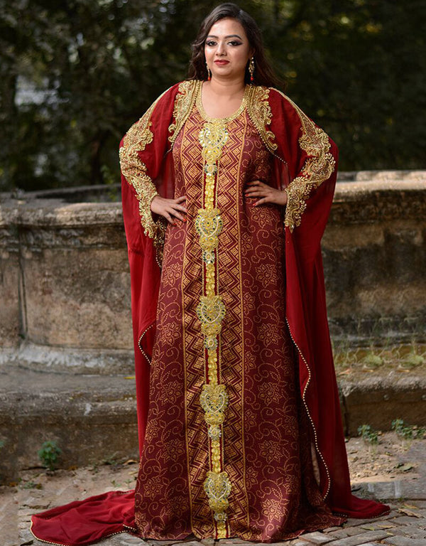 Islamic Maroon Georgette Hand Golden color Stones Embroidery Front Open Style Kaftan