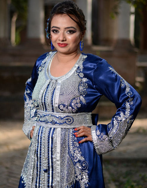 Arabic Dark Blue and White Color Silk Hand Silver Embroidery Kaftan