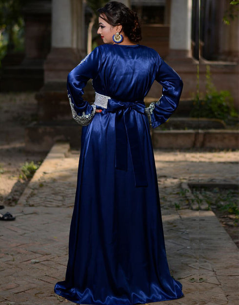 Arabic Dark Blue and White Color Silk Hand Silver Embroidery Kaftan