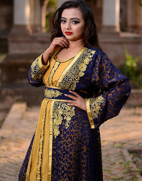 Women Golden Yellow Brasso Hand Golden Embroidery Kaftan