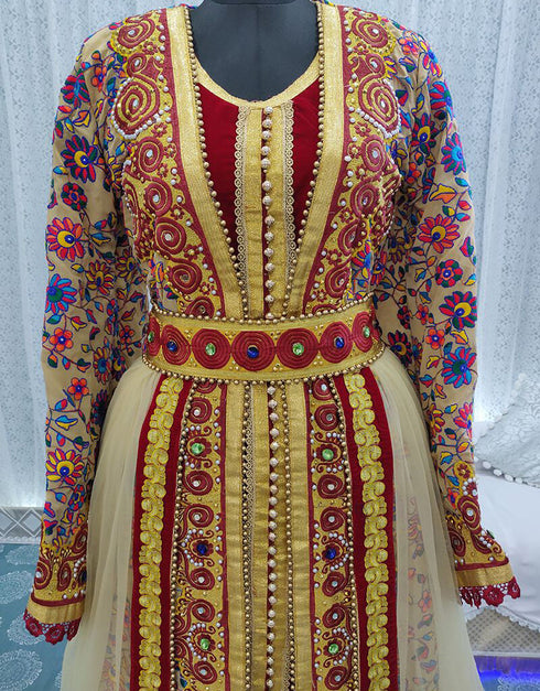 Chic Brige and Maroon Silk Hand Multi Embroidery Takchita Kaftan