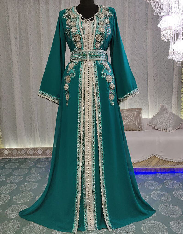 Arabic Sea Green Georgette Hand Multi Embroidery Front Open Style Kaftan