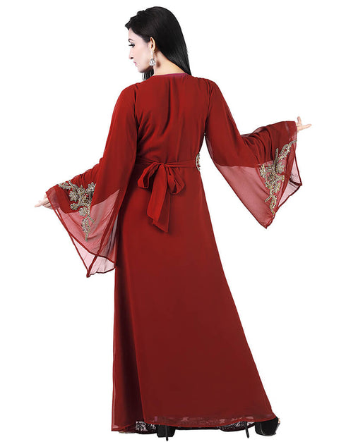 Women Maroon Georgette Pearl Embroidery Kaftan