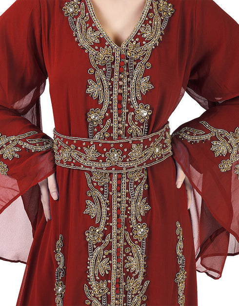 Women Maroon Georgette Pearl Embroidery Kaftan