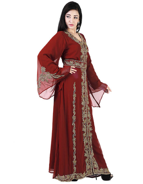 Women Maroon Georgette Pearl Embroidery Kaftan