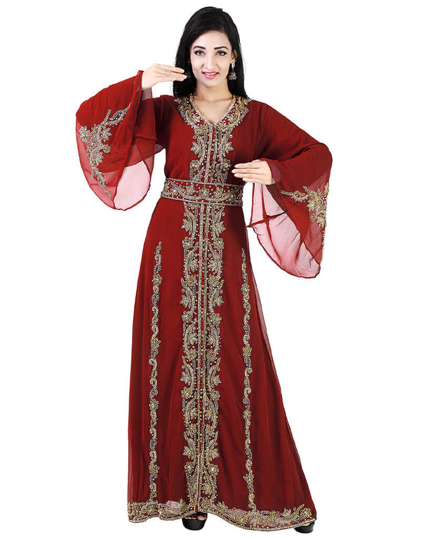 Women Maroon Georgette Pearl Embroidery Kaftan