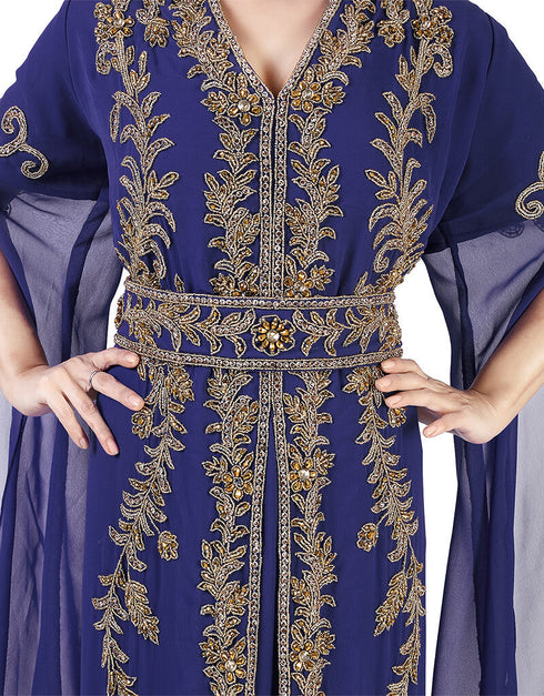 Islamic Navy Blue Georgette Pearl Embroidery Kaftan