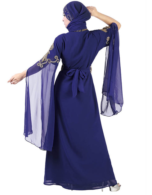 Islamic Navy Blue Georgette Pearl Embroidery Kaftan
