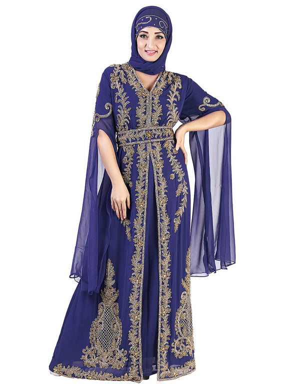 Islamic Navy Blue Georgette Pearl Embroidery Kaftan