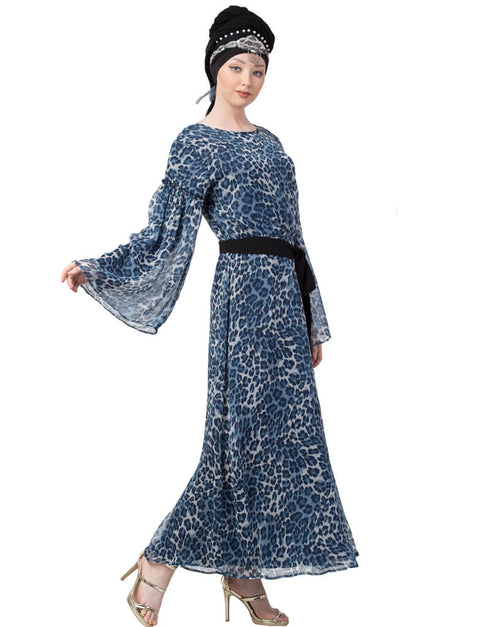 Arabic animal printed bell sleeve Casual Abaya Navy Blue