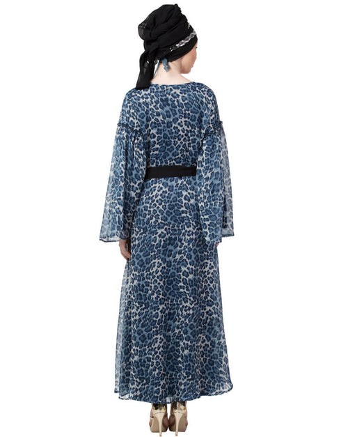 Arabic animal printed bell sleeve Casual Abaya Navy Blue