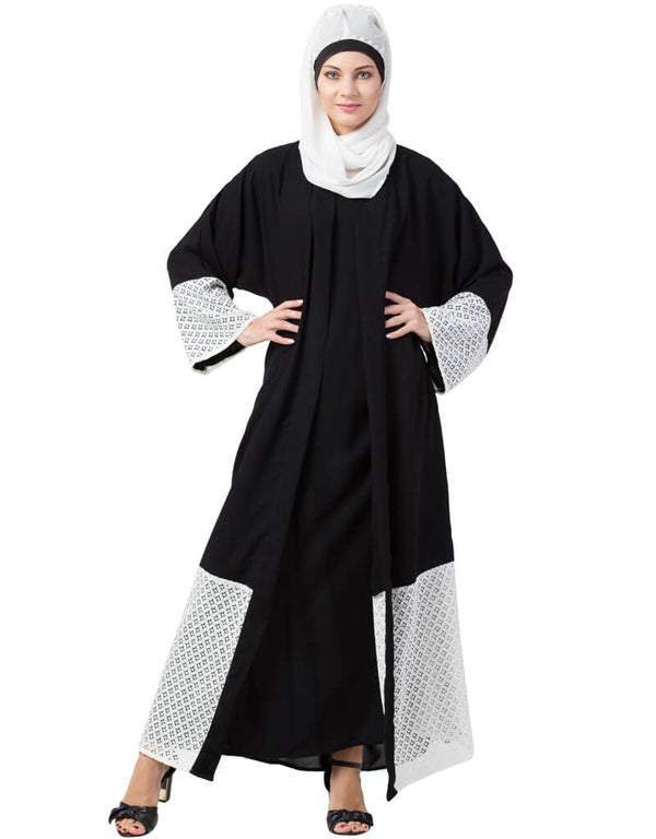 Arabic Bottom and Sleeve embroidered fabric with extra Jacket at front Abaya Black
