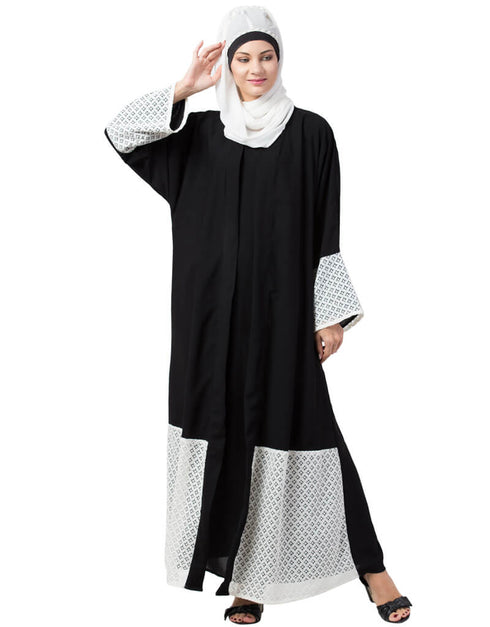 Arabic Bottom and Sleeve embroidered fabric with extra Jacket at front Abaya Black