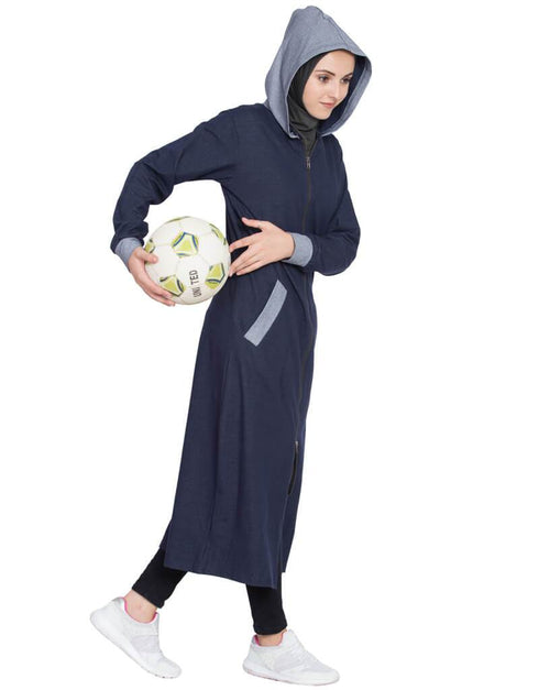Islamic Front open with hood Jersey Sports Abaya Navy Blue