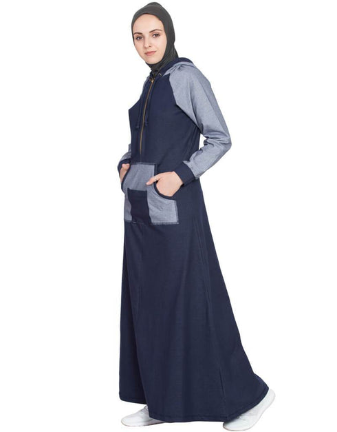 Muslimah Contrast Sleeve pocket hood Jersey Travel Abaya Blue