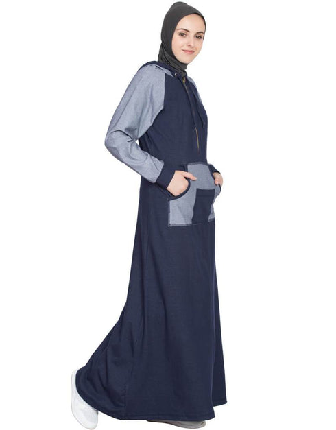 Muslimah Contrast Sleeve pocket hood Jersey Travel Abaya Blue