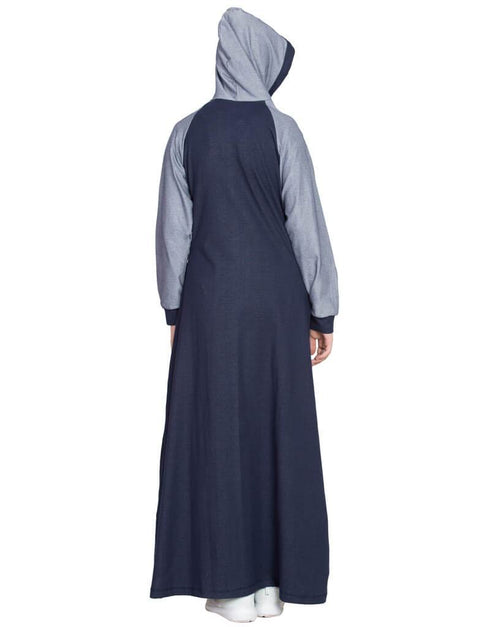 Muslimah Contrast Sleeve pocket hood Jersey Travel Abaya Blue
