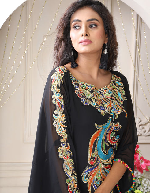 Chic Black Georgette Stones Embroidery Farasha