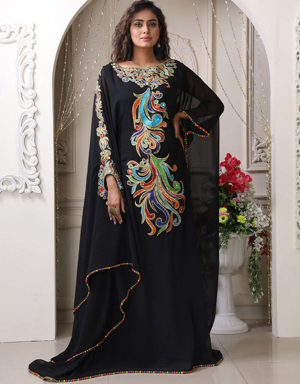 Chic Black Georgette Stones Embroidery Farasha