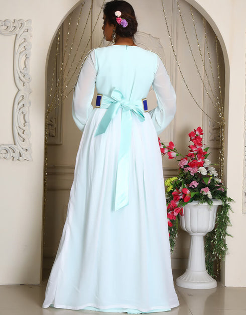 Women MintGreen Georgette Stone Embroidery Moroccan