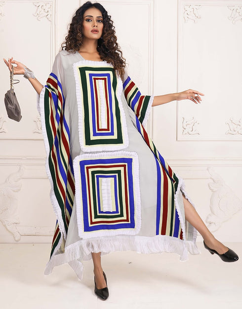 Women White Color Multi Printed Farasha Kaftan