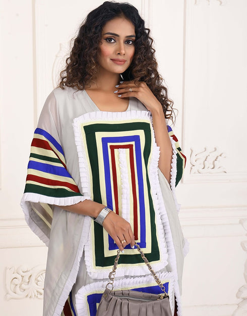 Women White Color Multi Printed Farasha Kaftan