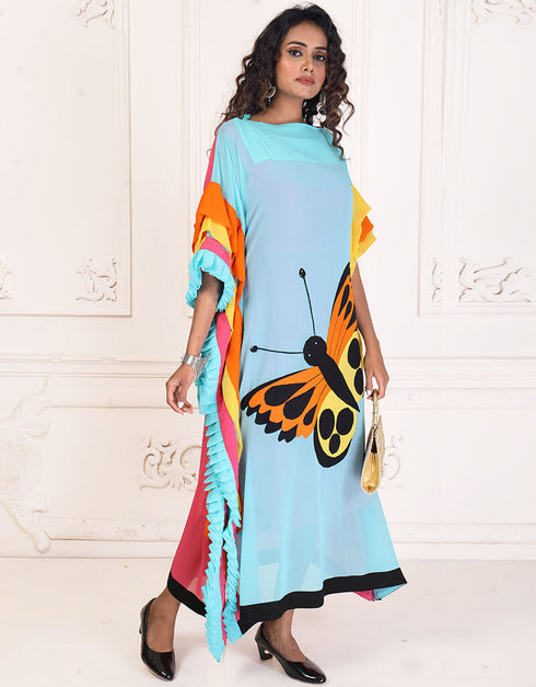 Modern Blue Angle Color Digital Printed Free Size Kaftan