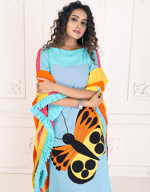 Modern Blue Angle Color Digital Printed Free Size Kaftan