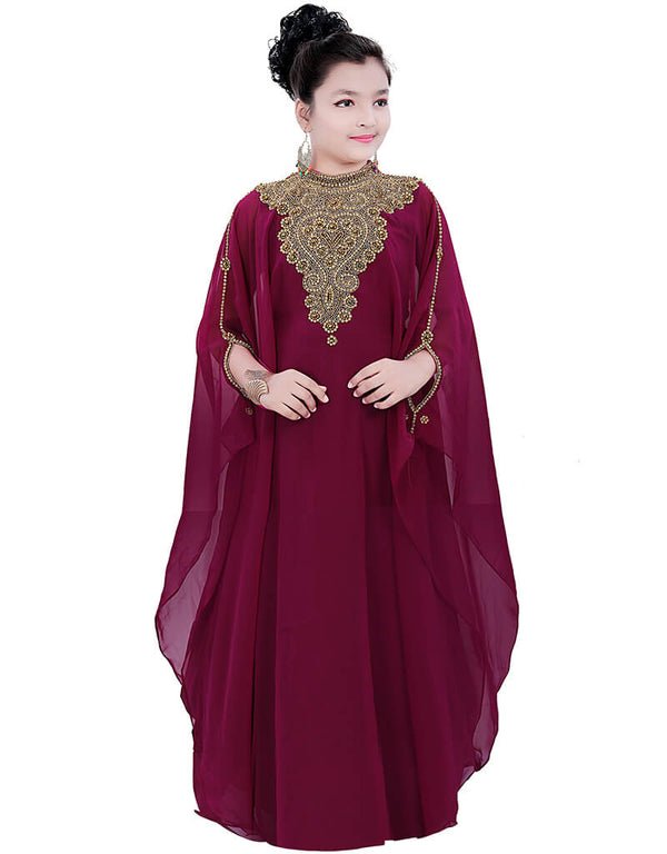 Muslim Maroon Georgette Hand Zari Embroidery Farasha