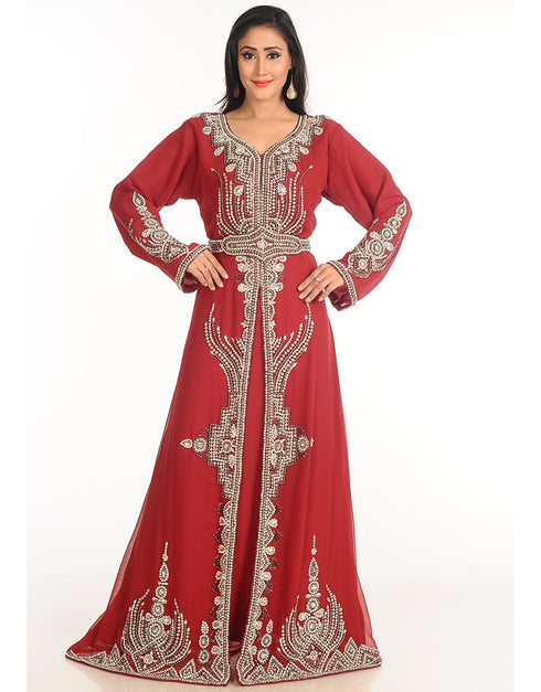Arabic Maroon Georgette Hand Zari Embroidery Kaftan