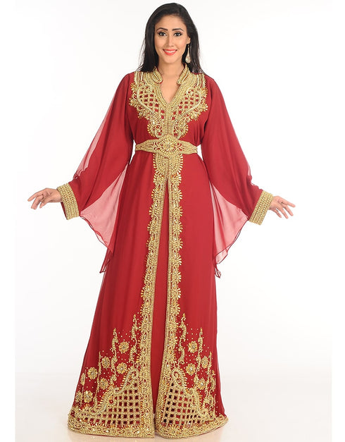 Trendy Maroon Georgette Hand Zari Embroidery Kaftan