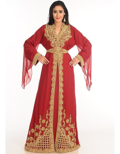 Trendy Maroon Georgette Hand Zari Embroidery Kaftan