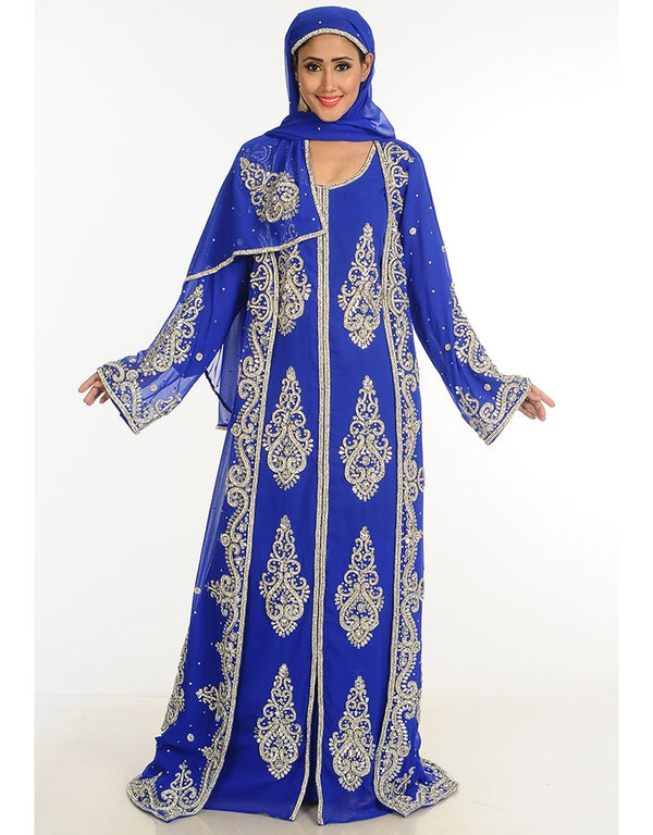 Trendy Royal Blue Georgette Hand Zari Embroidery Bridal Kaftan