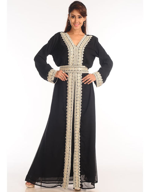 Modest Black Georgette Hand Zari Embroidery Kaftan