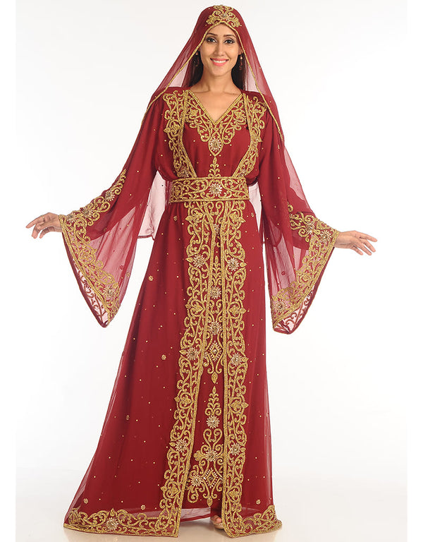 Muslim Maroon Georgette Hand Zari Embroidery Bridal Kaftan