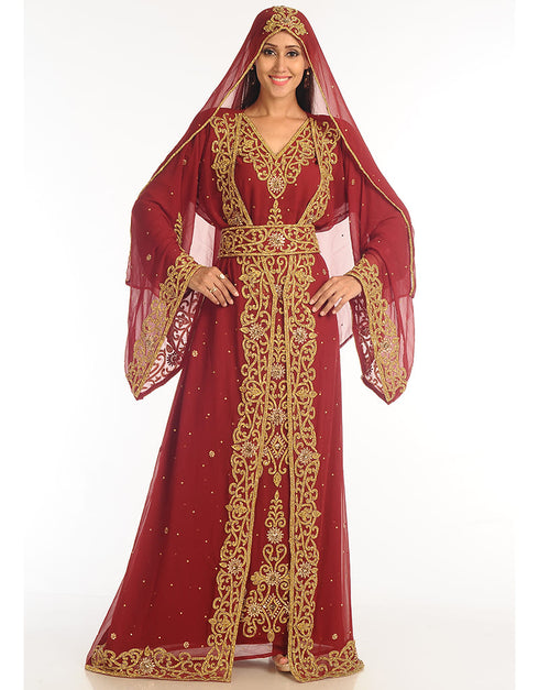 Muslim Maroon Georgette Hand Zari Embroidery Bridal Kaftan