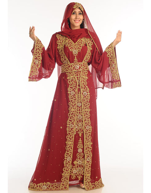 Muslim Maroon Georgette Hand Zari Embroidery Bridal Kaftan