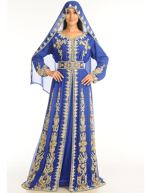Modest Royal Blue Georgette Hand Zari Embroidery Bridal Kaftan