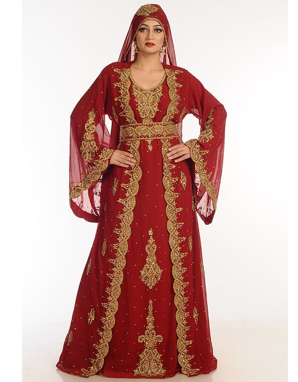 Arabic Maroon Georgette Hand Zari Embroidery Kaftan