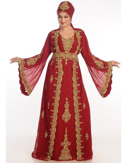 Arabic Maroon Georgette Hand Zari Embroidery Kaftan