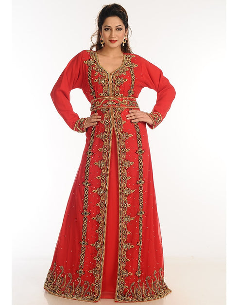 Muslimah Red Georgette Hand Zari Embroidery Kaftan