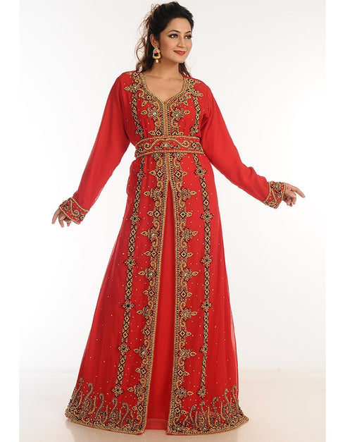 Muslimah Red Georgette Hand Zari Embroidery Kaftan