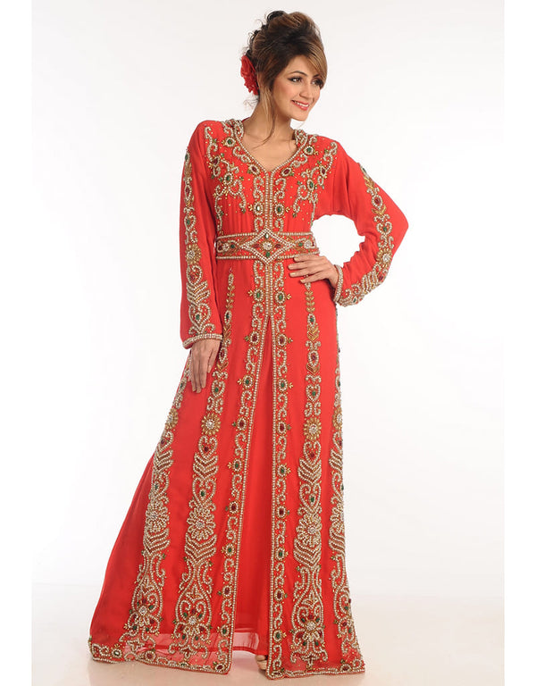 Modest Red Georgette Hand Zari Embroidery Kaftan