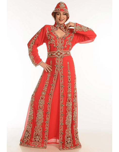 Modest Red Georgette Hand Zari Embroidery Kaftan