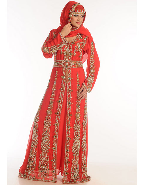 Modest Red Georgette Hand Zari Embroidery Kaftan