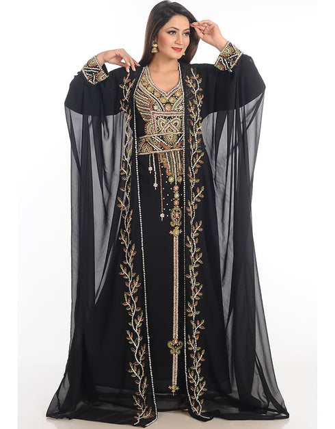 Modern Black Georgette Hand Zari Embroidery Kaftan